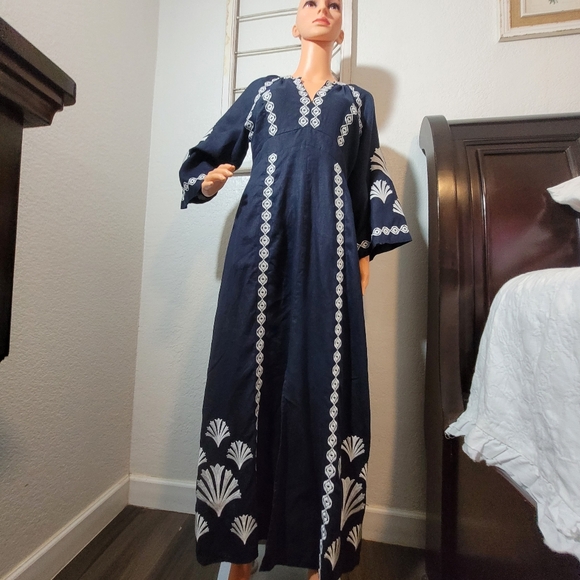 Boden UNA Blue Embroidered Elastic Waist Linen Maxi Bohemian Dress Size Large - Picture 2 of 15